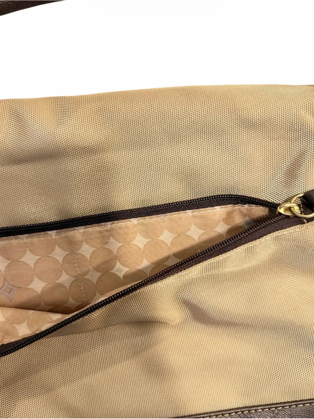 Vintage Franco Sarto Canvas Leather Fold Over Shoulder Bag in Beige/Dark Brown